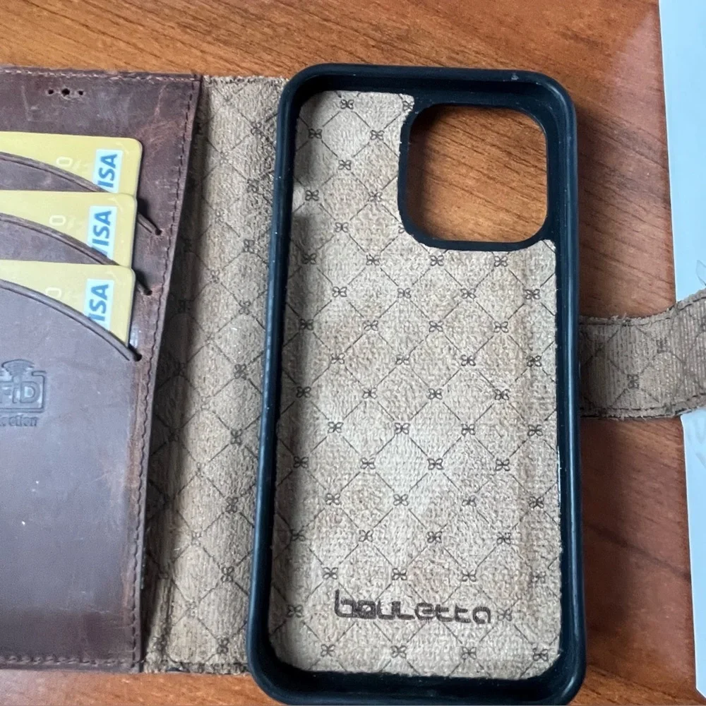 NIB Bouletta Leather iphone 13 Pro Phone Wallet Case RFID 3 Card Slots Handmade